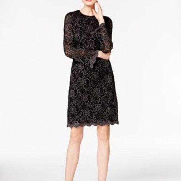 INC International Concepts Dresses & Skirts - Black Metallic Bell Sleeves Flocked Lace Dress